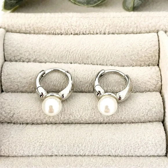 925 Sterling Silver Pearl Huggie Earrings Small Huggie Hoop Earrings - Picture 2 of 9